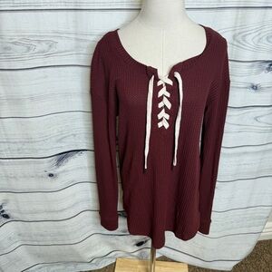 Mint Burgundy Lace-Up V-Neck Sweater